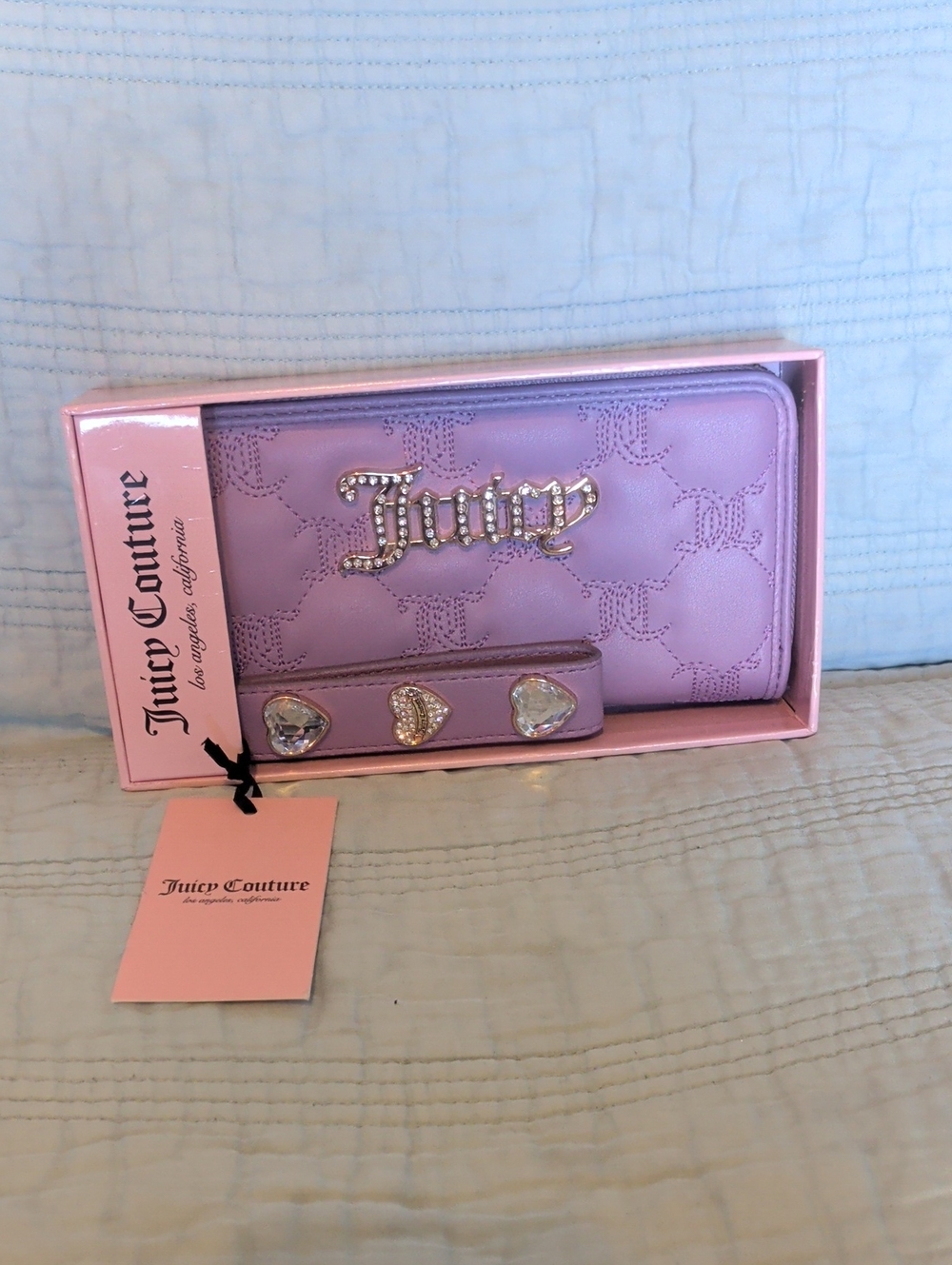 Juicy Couture Lavender Rhinestone Logo Wallet with Heart Wristlet